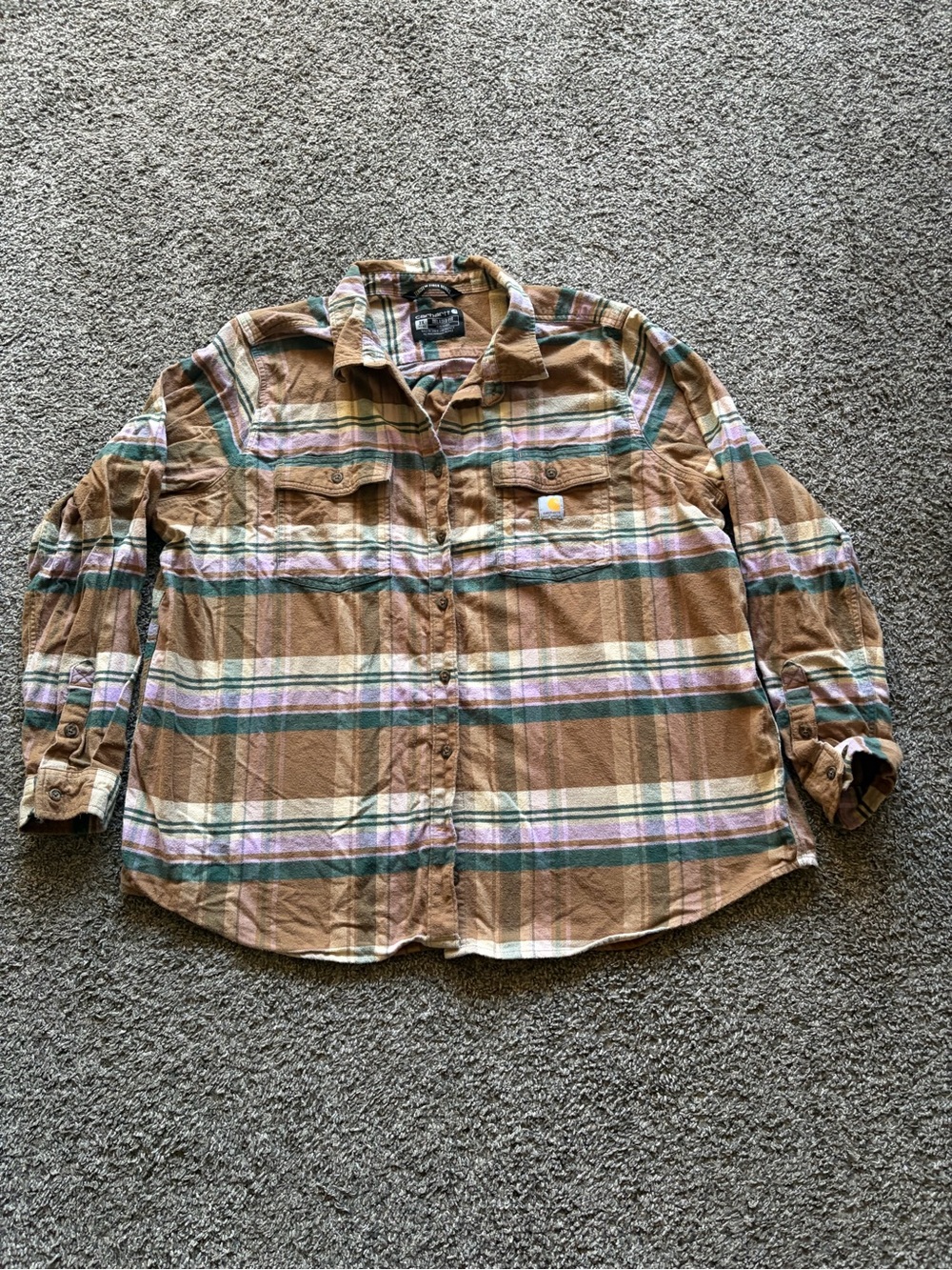 Carhartt Women's Tan Plaid Button-Down Shirt with Green & Pink Stripes 2X 20-22
